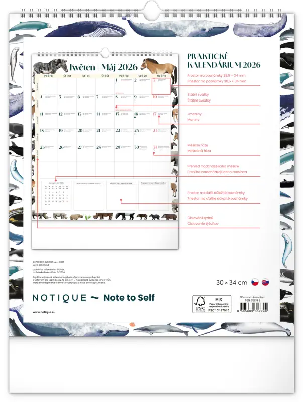 NOTIQUE Nástěnný plánovací kalendář Animalium 2026, 30 x 34 cm
