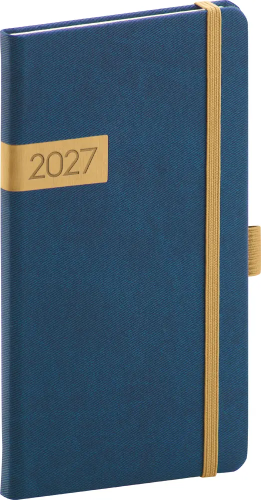 NOTIQUE Kapesní diář Twill 2027, modro-zlatý, 9 x 15,5 cm