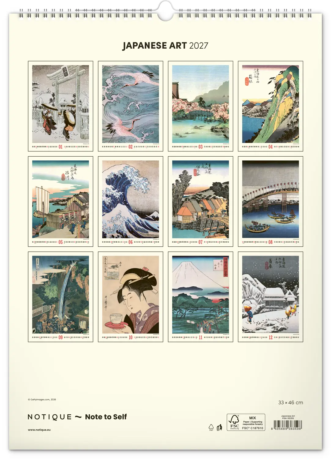 NOTIQUE Nástěnný kalendář Vintage plakáty – japonské umění 2027, 33 x 46 cm