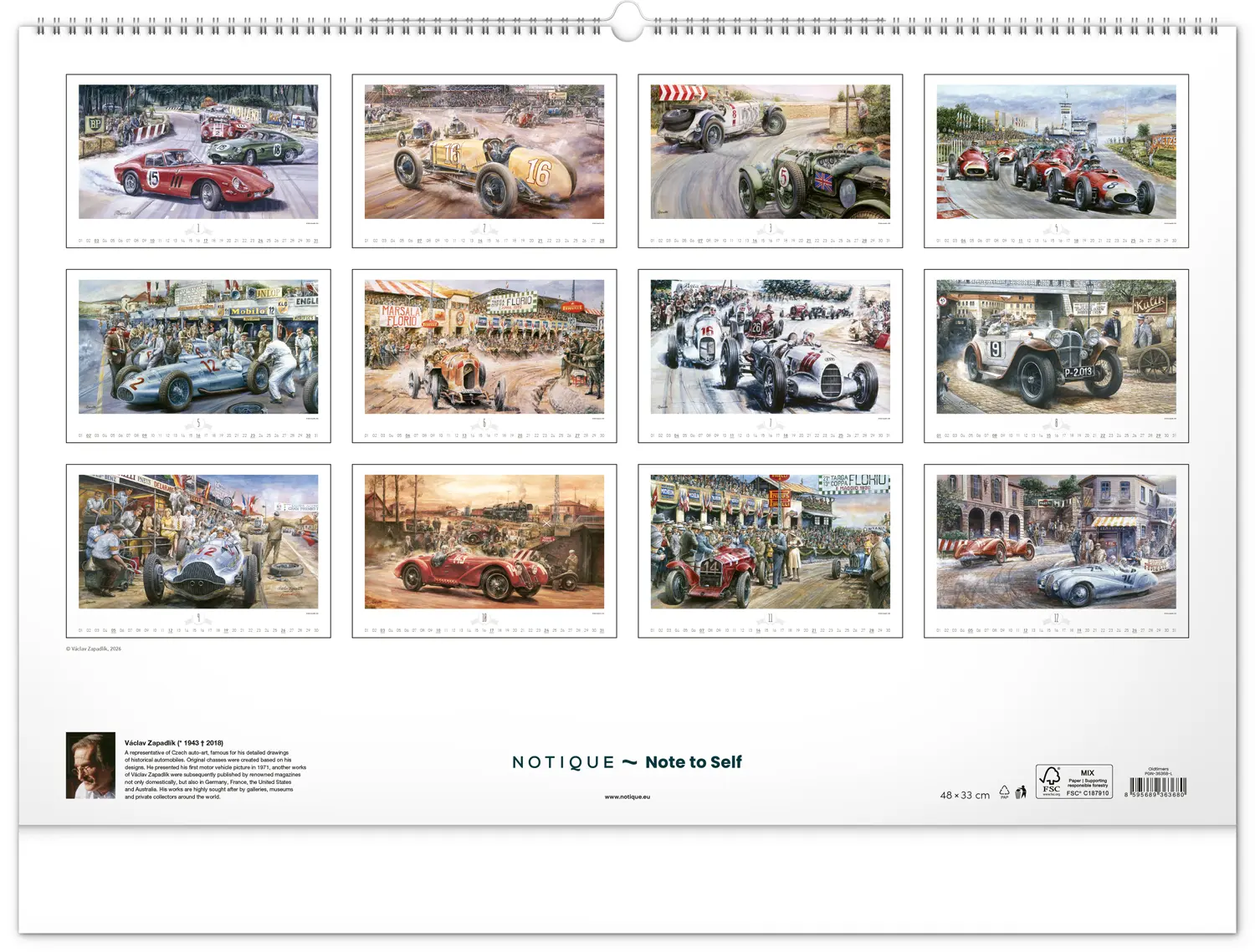 NOTIQUE Nástěnný kalendář Oldtimers – Václav Zapadlík 2027, 64 x 42 cm