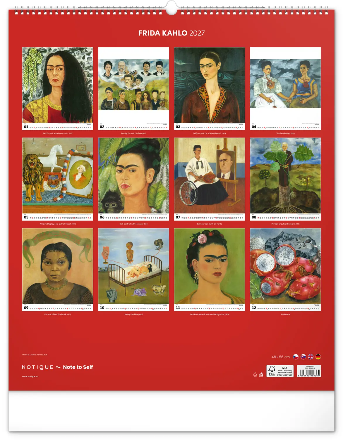 NOTIQUE Nástěnný kalendář Frida Kahlo 2027, 48 x 56 cm