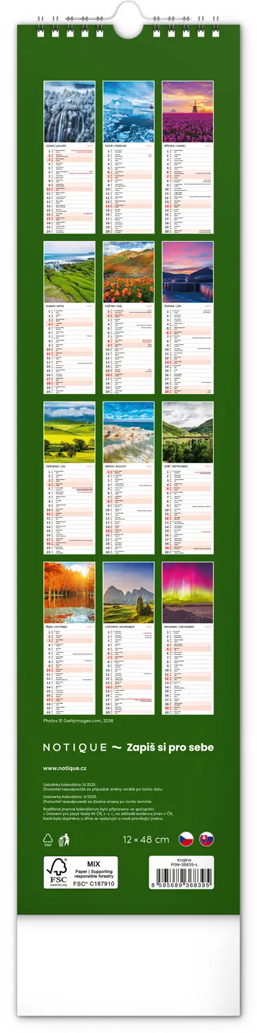 NOTIQUE Nástěnný kalendář Krajina 2027, 12 x 48 cm