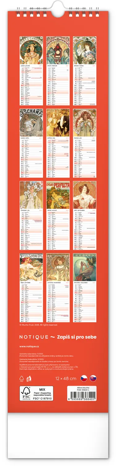 NOTIQUE Nástěnný kalendář Alfons Mucha 2027, 12 x 48 cm