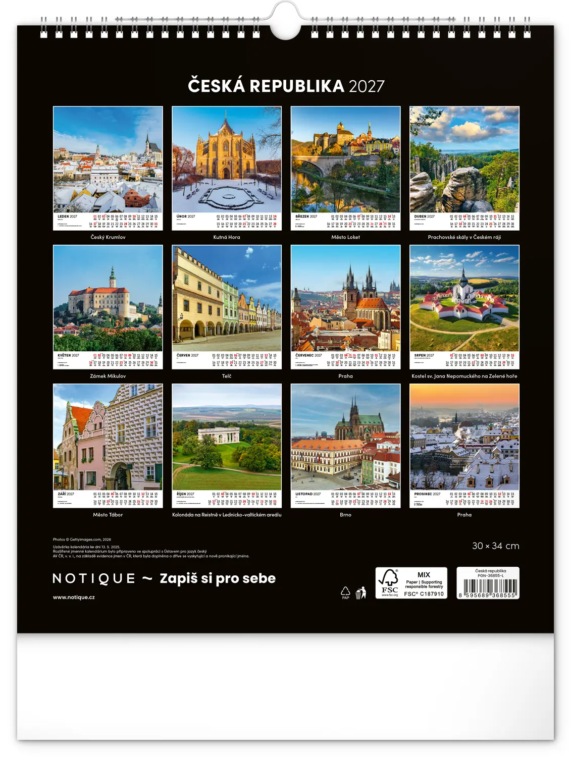 NOTIQUE Nástěnný kalendář Česká republika 2027, 30 x 34 cm