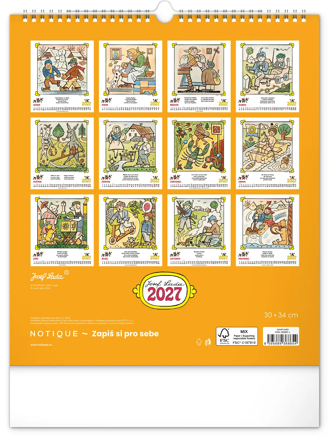 NOTIQUE Nástěnný kalendář Josef Lada – Říkadla 2027, 30 x 34 cm