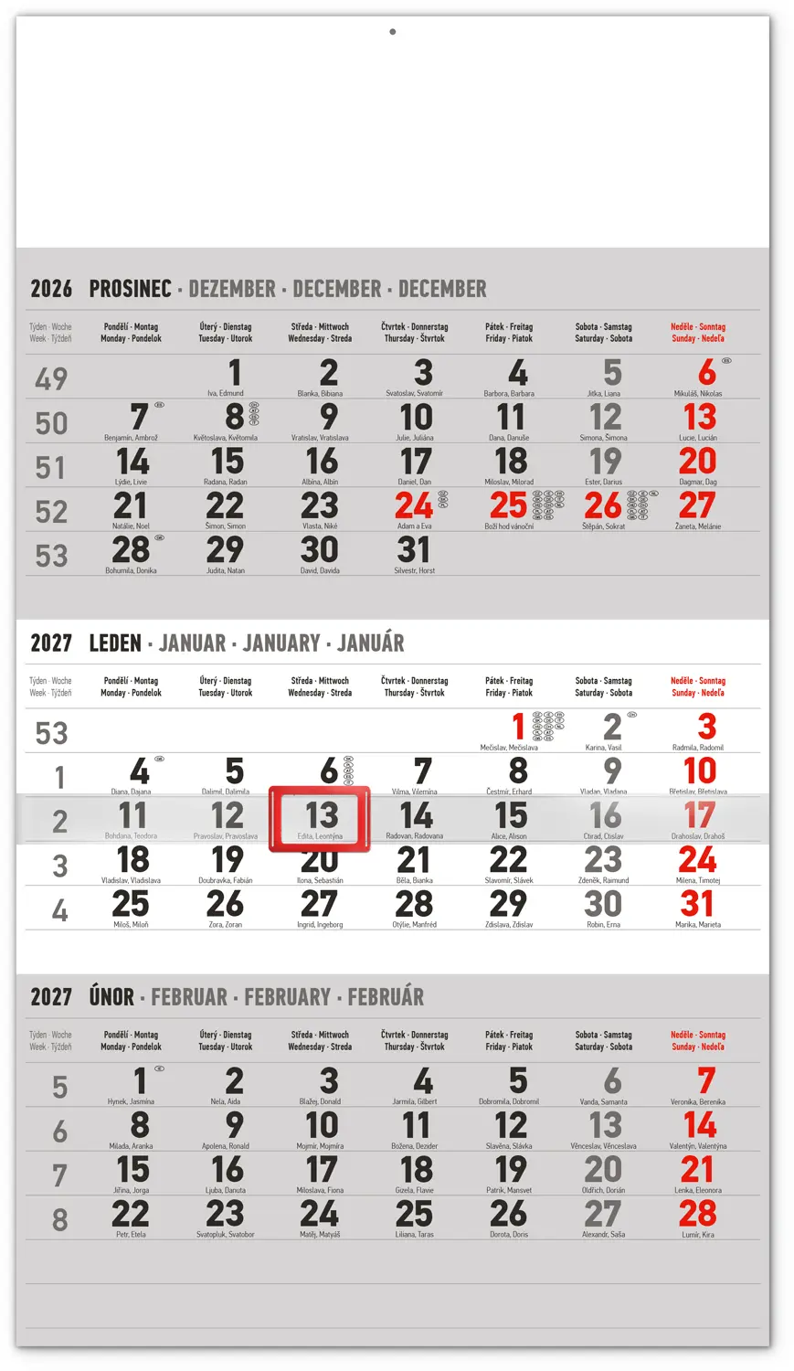 NOTIQUE Nástěnný kalendář 3měsíční standard šedý – s českými jmény 2027, 29,5 x 43 cm