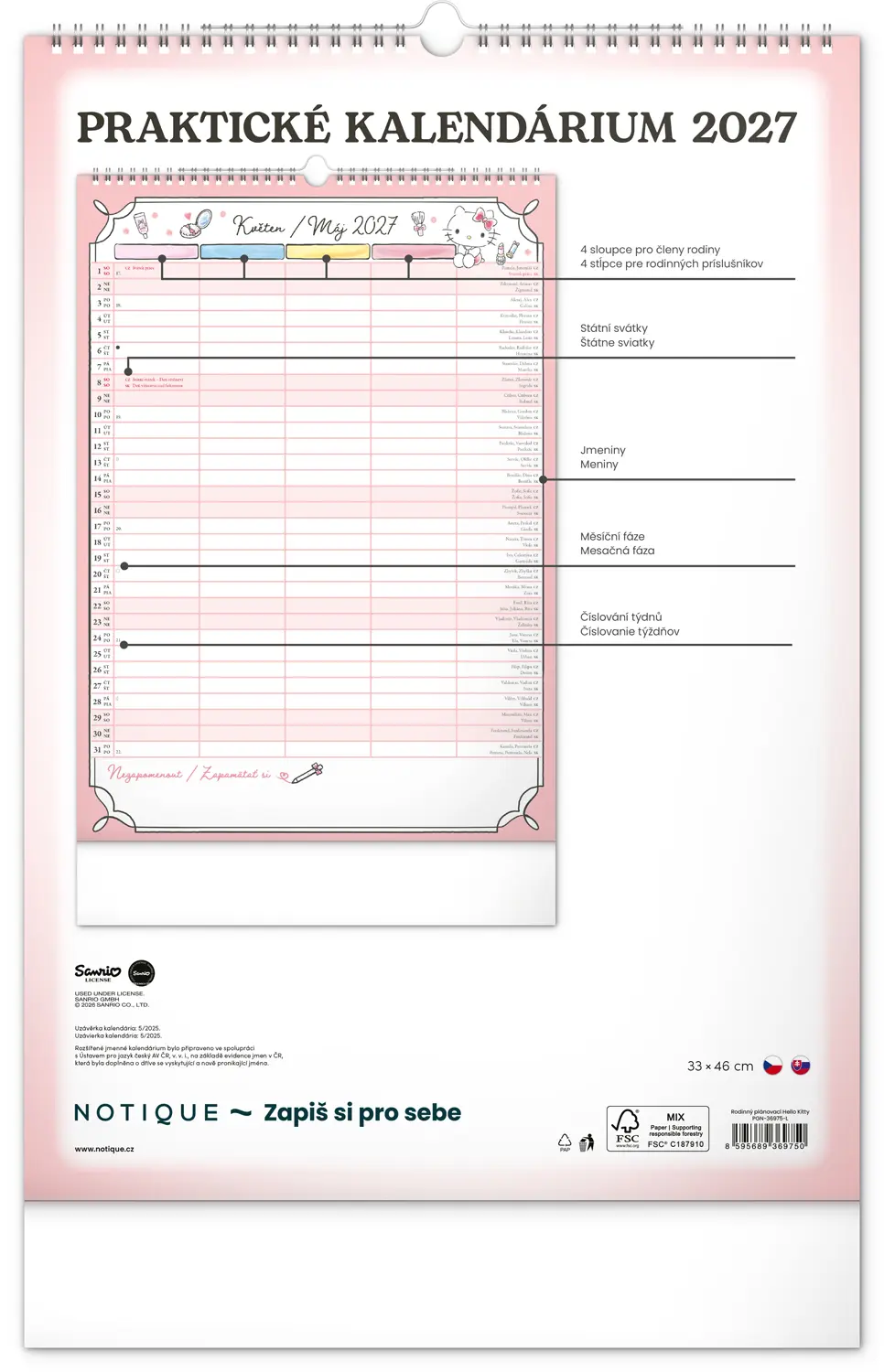 NOTIQUE Nástěnný kalendář Rodinný plánovací Hello Kitty XL 2027, 33 x 46 cm