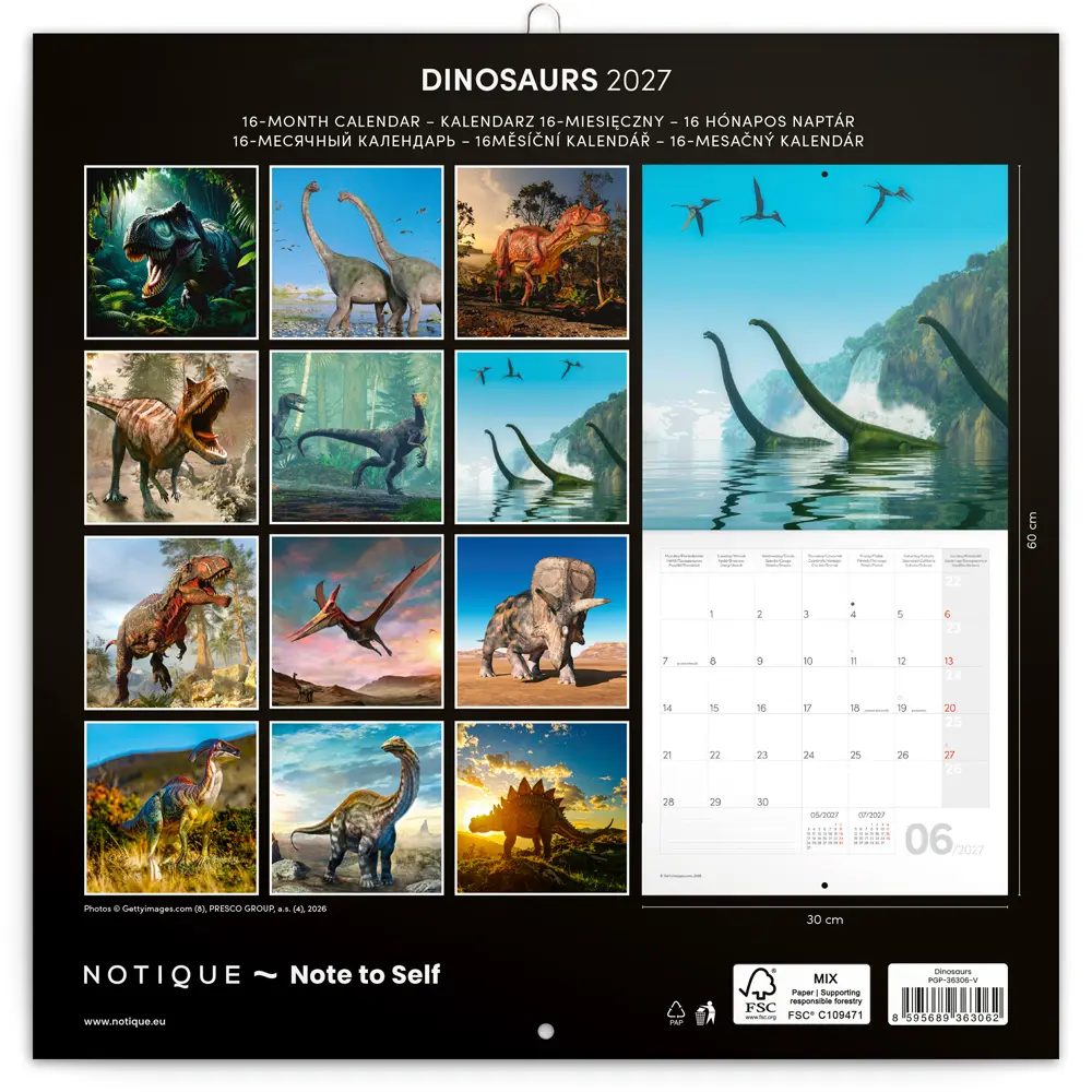NOTIQUE Poznámkový kalendář Dinosauři 2027, 30 x 30 cm