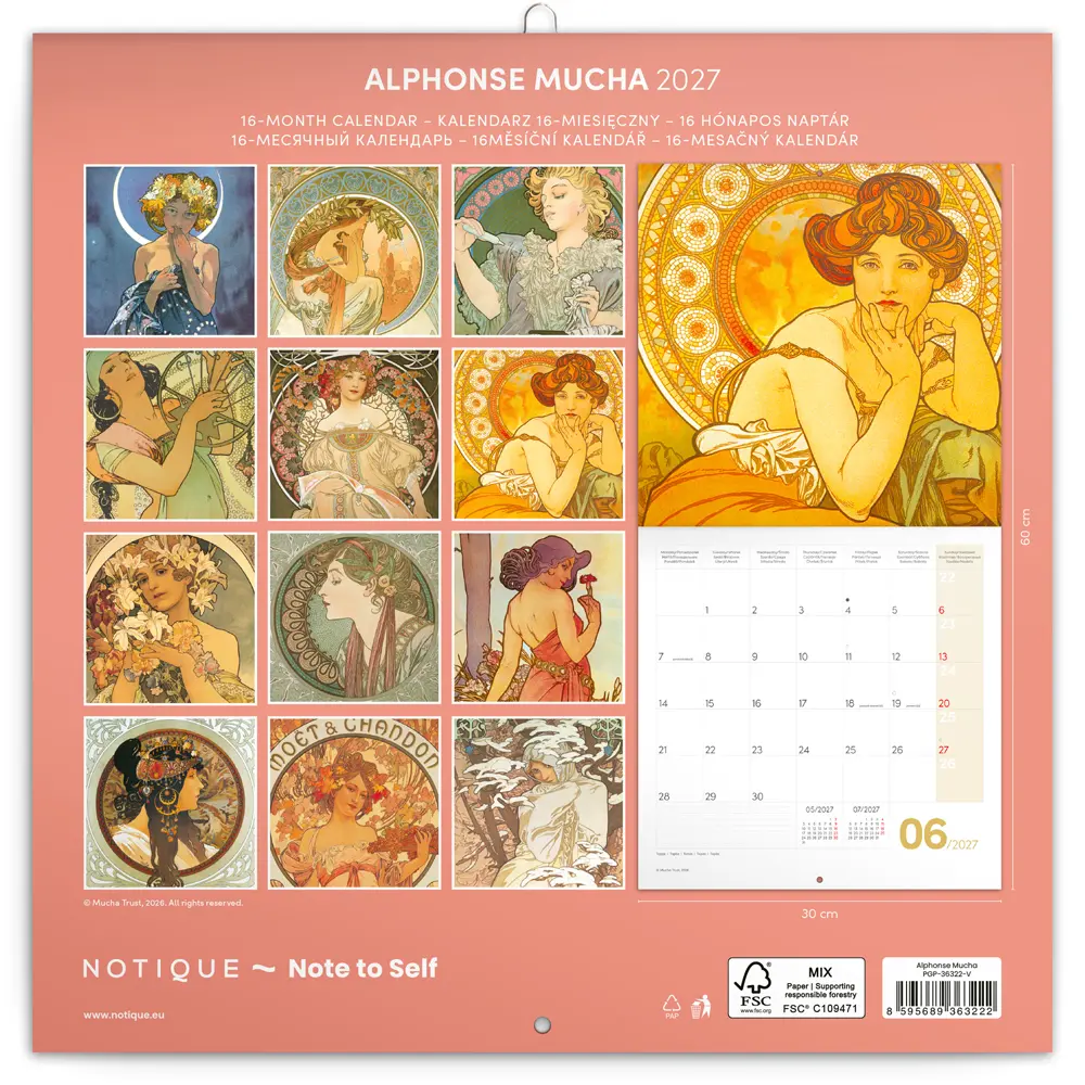 NOTIQUE Poznámkový kalendář Alfons Mucha 2027, 30 x 30 cm