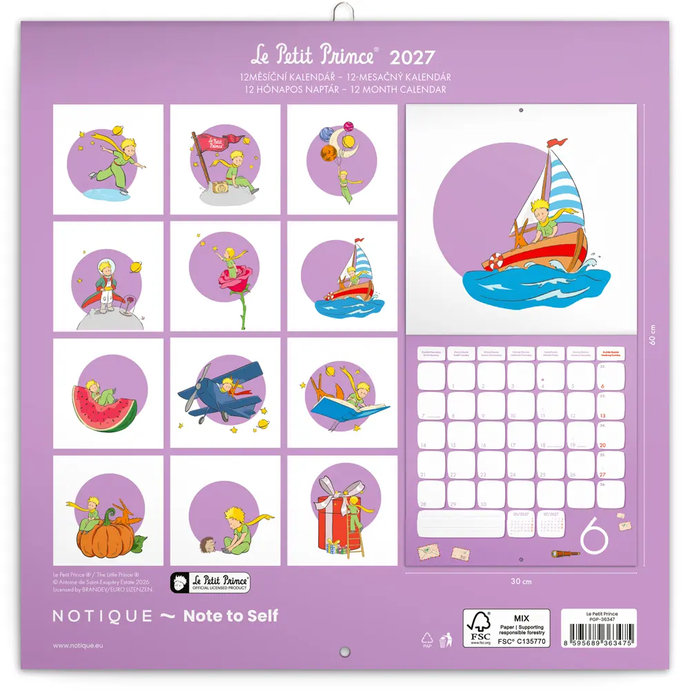 NOTIQUE Poznámkový kalendář Malý princ 2027, PLASTIC FREE, 30 x 30 cm
