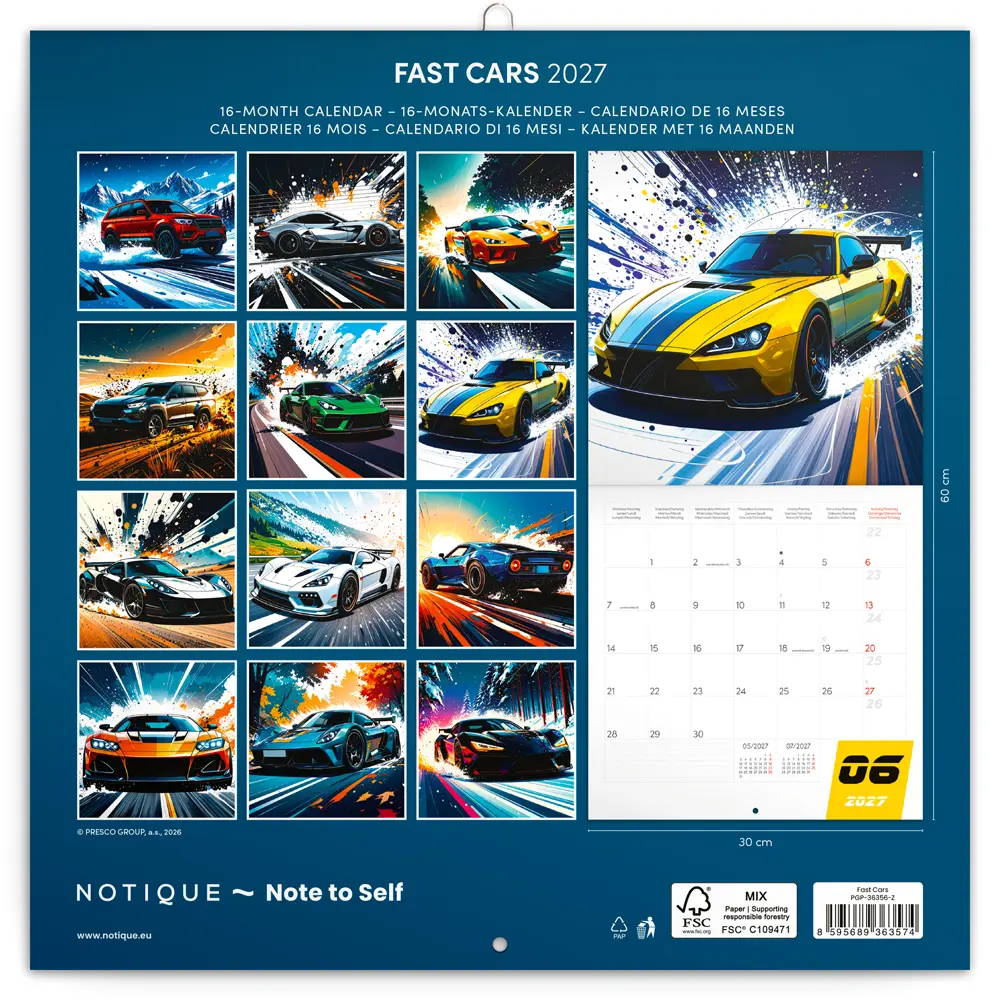 NOTIQUE Grid calendar Fast Cars 2027, 30 x 30 cm