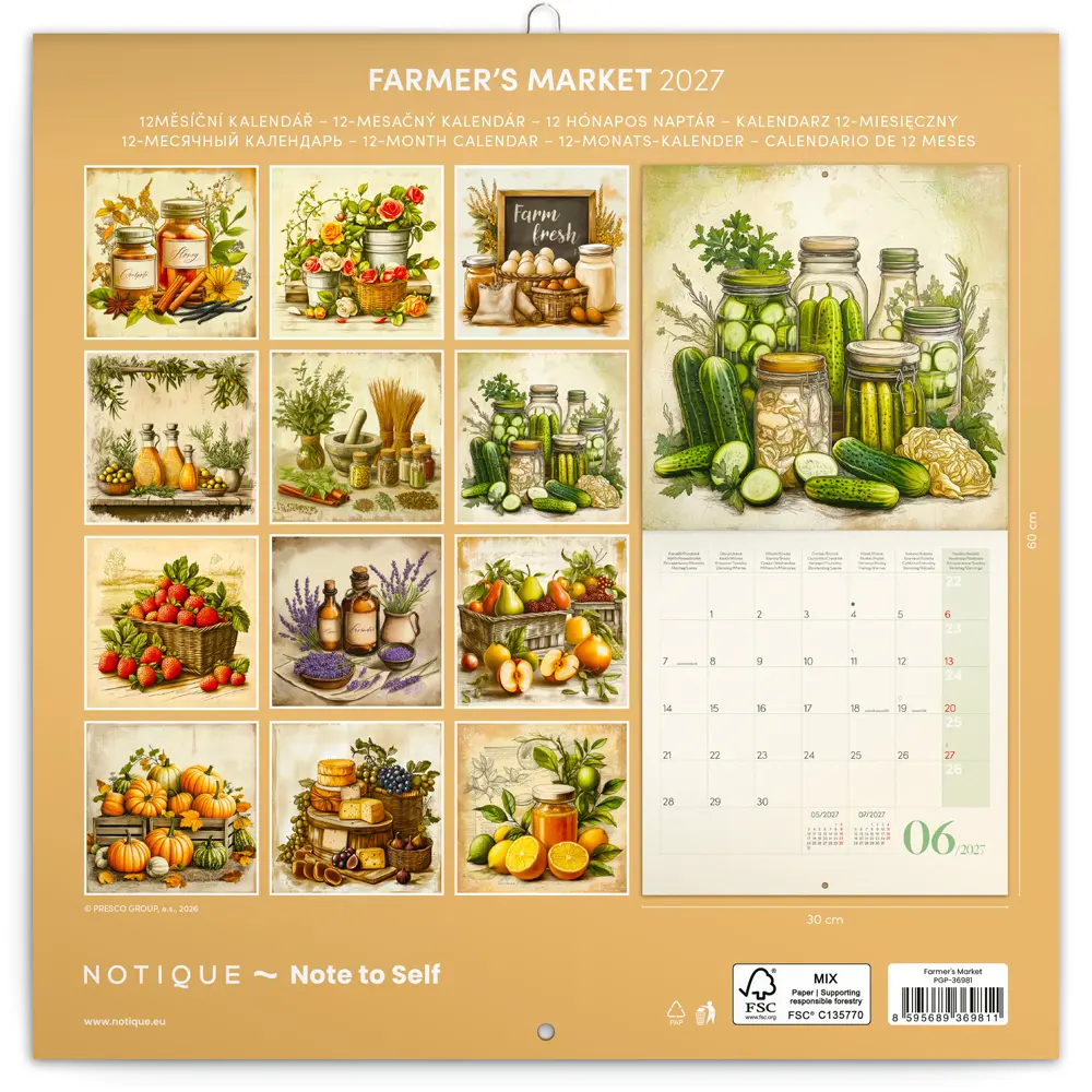 NOTIQUE Poznámkový kalendář Farmářské trhy 2027, PLASTIC FREE, 30 x 30 cm