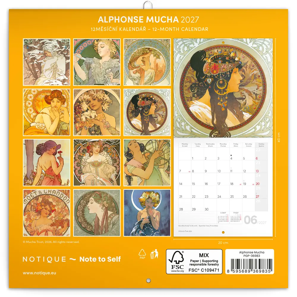NOTIQUE Poznámkový kalendář Alfons Mucha  2027, 20 x 20 cm