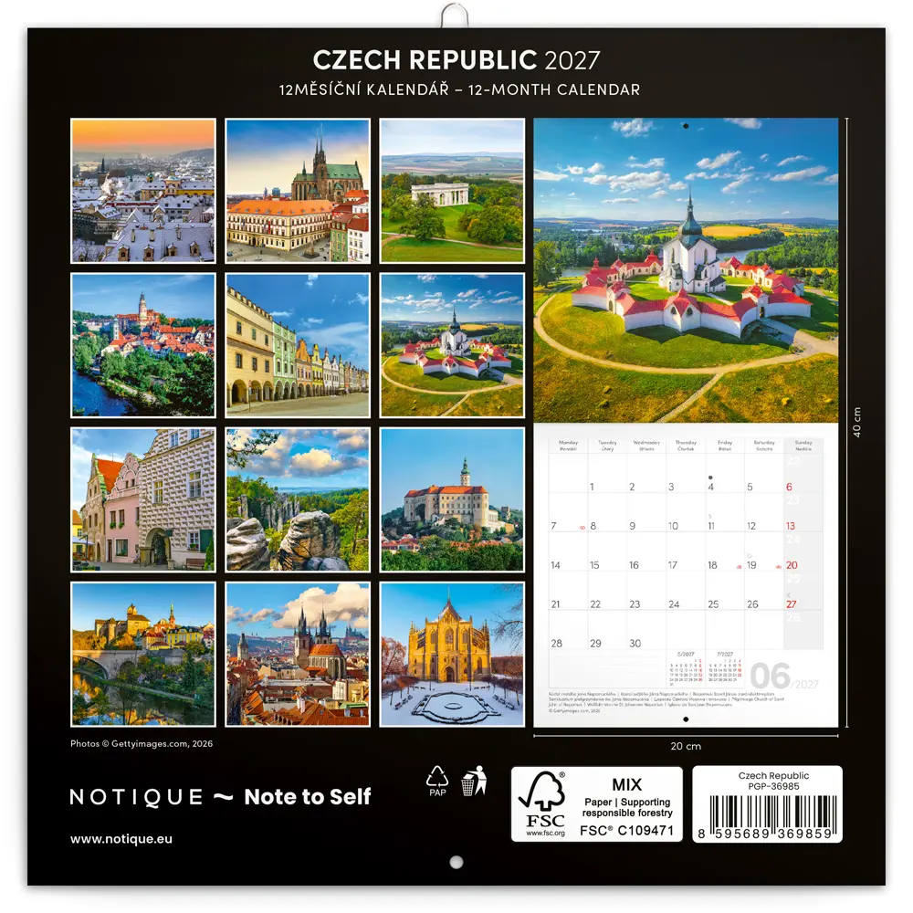 NOTIQUE Poznámkový kalendář Česká republika 2027, 20 x 20 cm