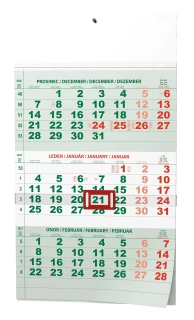 Nástěnný kalendář 2027 Nástěnný kalendář - Tříměsíční - A3 (s mezinárodními svátky) - zelený